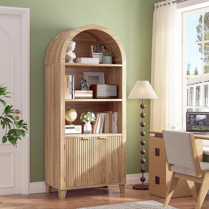 Bookshelf Arched Cabinet,5-Tier Arched Bookcase with Doors and Adjustable Shelves,Wooden Storage Cabinet with Open Display Shelf for Office,Living Room��Light Oak