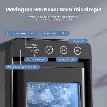 Moifoi Ice Maker Countertop, 26 lbs/24 H, 8 Pcs Ice  in 6 Mins, Portable Ice Maker Machine with Self-Cleaning, Interior Lighting,  2 Sizes Bullet Ice, Black