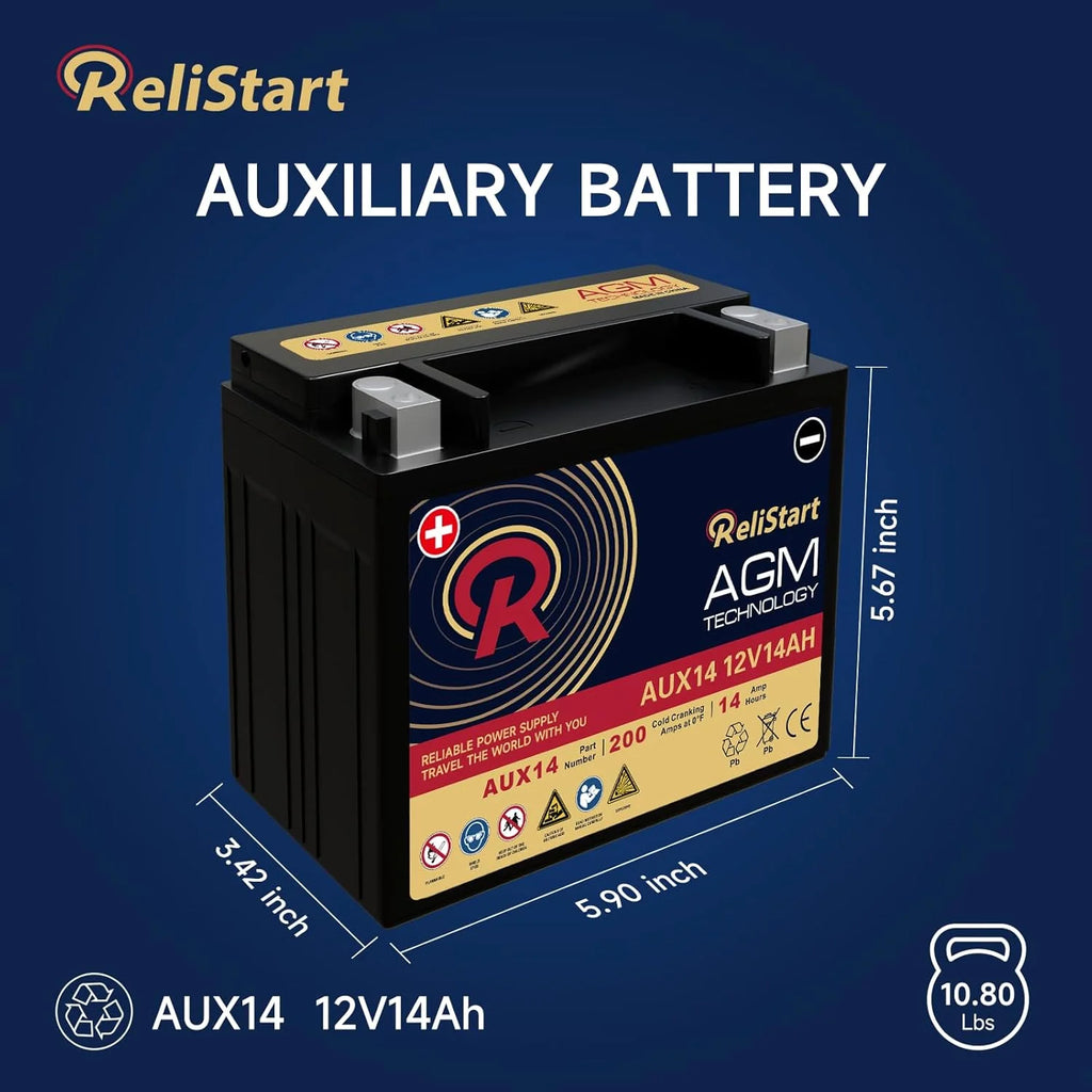 Relistart AUX14 Auxiliary Battery, 12V 14Ah AGM Battery, 200CCA, Rechargeable AGM Car Battery, Maintenance Free 36 Months Warranty