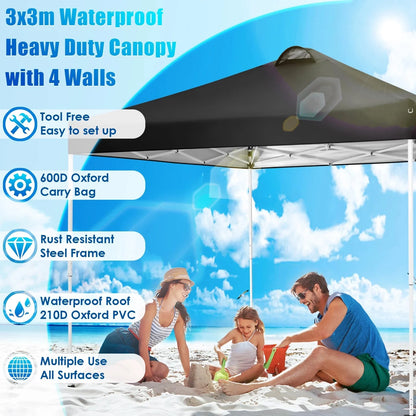 COBIZI 10x10 EZ Pop up Canopy Gazebo with Sidewalls,Pop up Canopy Tent Instant Shelter for Outdoor Party Camping Backyard Beach with Air Vent ,Carry Bag,Stakes,Ropes,Black
