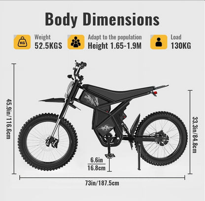 2000W Electric Dirt Bike for Adults Ridingtimes GT73 UL2849,Brushless Hub Motor,18.2AH*2 Electric Bike with 25\" tires digital screen Carbon Steel,Black