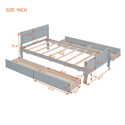 Full Size Wood Platform Bed with 4 Drawers,Storage Bed Frame with Streamlined Headboard and Footboard for Kids, Teens, Boys, Girls,Wooden Slats Support, No Box Spring Needed,Oak