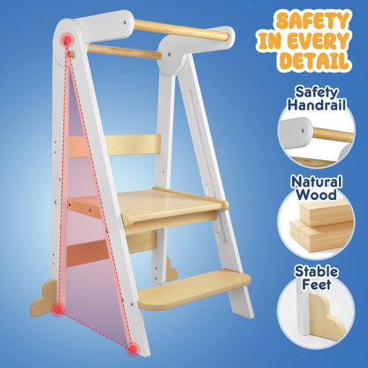 HARPPA Foldable Toddler Kitchen Tower, Standing Tower for Kids Age 1.5-6 Years, White