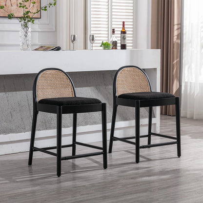 Guyou Modern Bar Stools Set of 2, 26" Counter Height Bar Stools with Natural Rattan Back and Solid Wood Frame, Sherpa Upholstered Kitchen Island Chairs for Bar Island Cafe Kitchen, Black