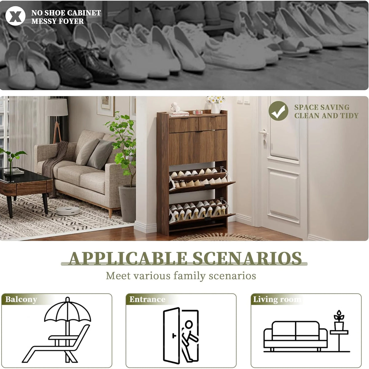 Shoe Cabinet, Free Standing Tipping Bucket Shoe Rack Organizer with 3 Flip Drawers, Modern Entryway Narrow Shoe Rack with 2 Drawers & Top Storage, for Hallway Bedroom, Walnut