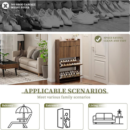 Shoe Cabinet, Free Standing Tipping Bucket Shoe Rack Organizer with 3 Flip Drawers, Modern Entryway Narrow Shoe Rack with 2 Drawers & Top Storage, for Hallway Bedroom, Walnut
