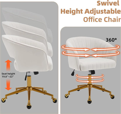 Westice Home Office Desk Chairs, Velvet Task Chair, Height Adjustable Swivel Vanity Chair with Golden Base for Vanity Study, Living Room Computer Room, Beige