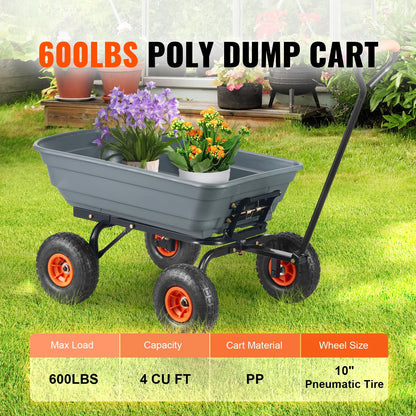 KFFKFF Garden Dump Cart, 35.8x19.5x8.2 in Dump Truck Cart, Max. 600lbs Load Capacity, 10in Rubber Tire, 180�� Adjustable Handle