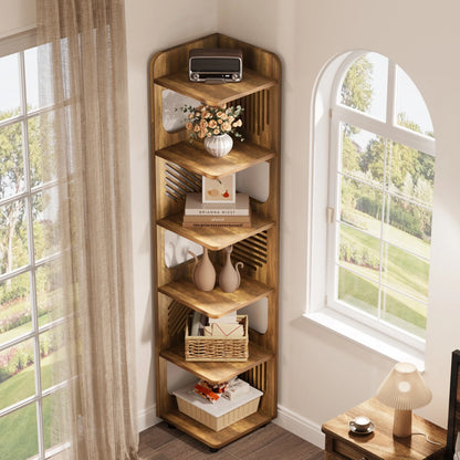 Fnova 71" 6-Tier Tall Corner Bookshelf, Rustic Wooden Narrow Corner Bookcase with Artistic Square Rack, Freestanding Display Storage Shelf for Space-Saving Home Organizing