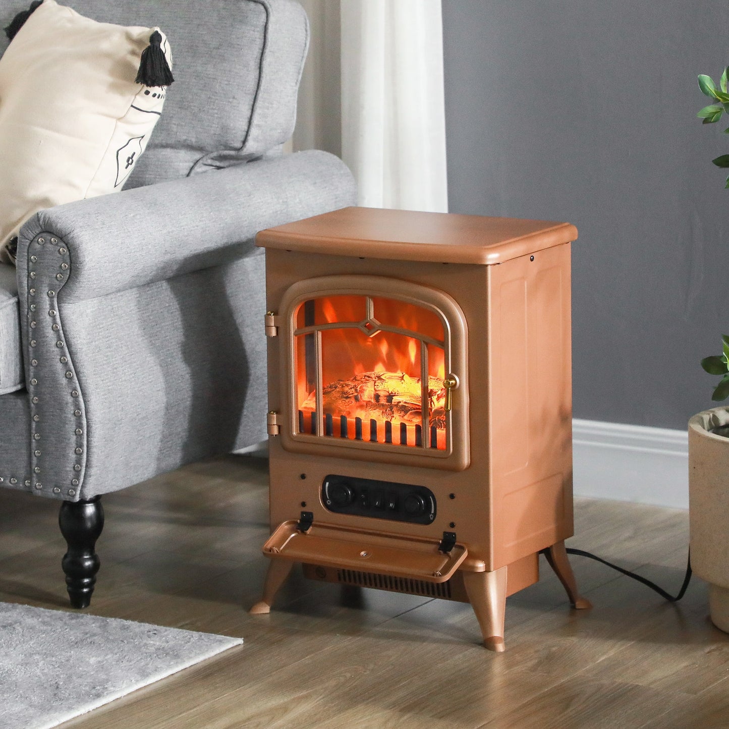 HOMCOM Electric Fireplace Heater with Realistic LED Flames Beige