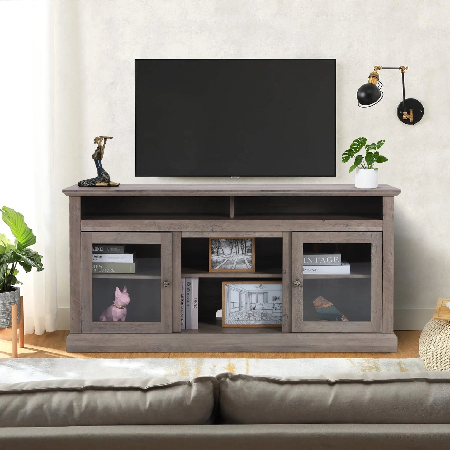 TV Stand for 65 Inch TV, Entertainment Center with Two Glass Barn Doors and Storage Cabinet Table, Farmhouse Style Media Console Table for Living Room(Coffee)