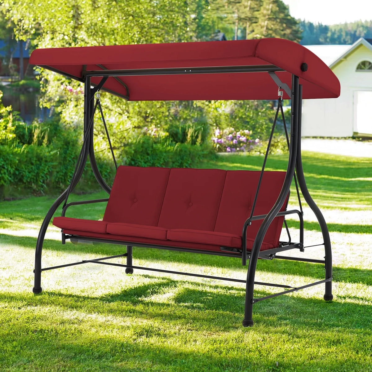 AECOJOY 3 Person Canopy Steel Porch Swing, Converting Swing Glider Hammock-Beige