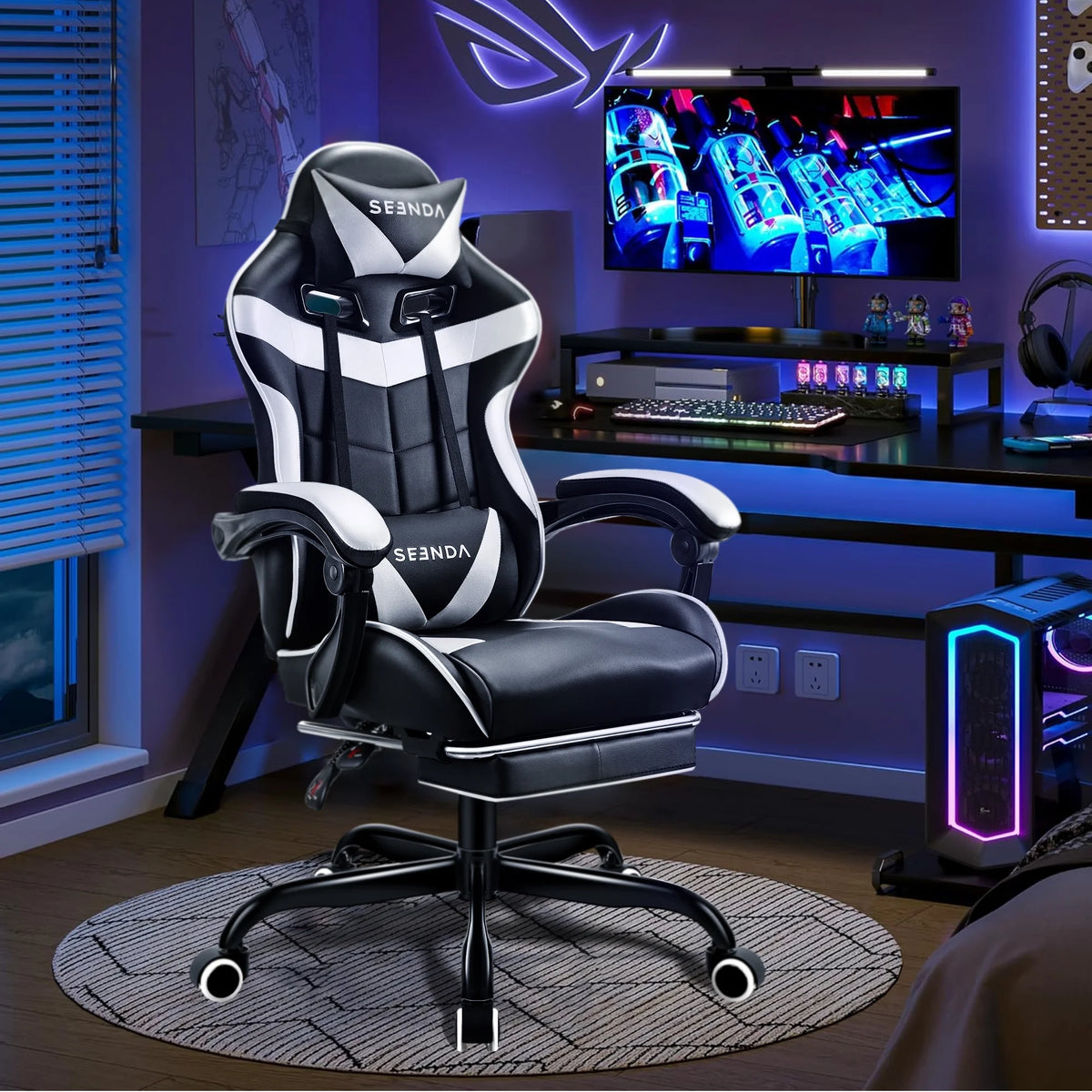 Gaming Chair, Seenda Video Game Chair with Footrest and Lumbar Support, Ergonomic Computer Chair Height Adjustable with Swivel Seat and Headrest, Red