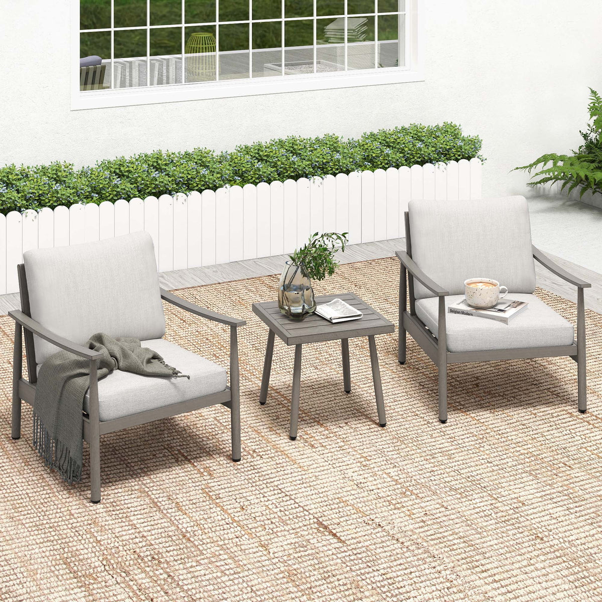 HAPPATIO Aluminum Outdoor Furniture Set - 5 Pieces Patio Furniture Set Includes 1 Side Table, 2 Swivel Chairs and 2 Ottomans with Thick Cushion, Patio Conversation Set for Backyard Poolside (Grey)