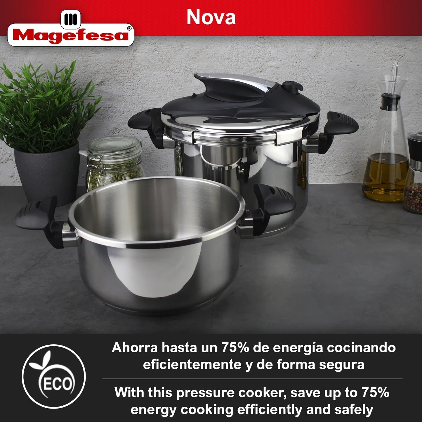 Magefesa Nova 4.2 Qt Stovetop Pressure Cooker �?Fast Cooking, Easy Locking, 18/10 Stainless Steel, Induction Compatible, 5 Safety Features, 11.6 PSI