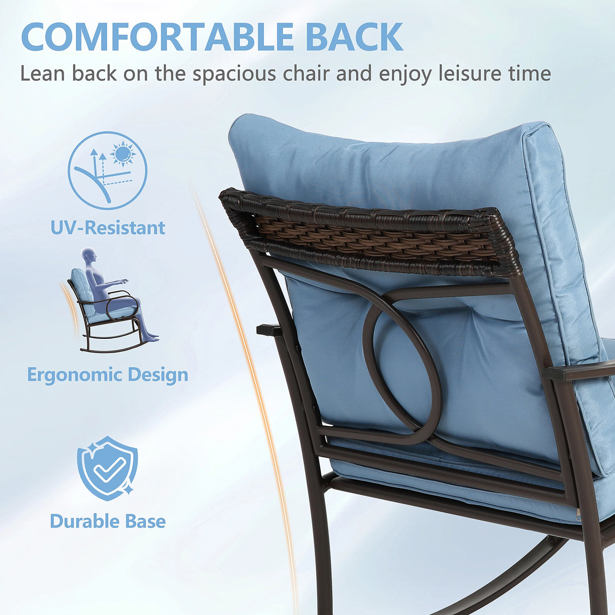Outdoor Conversation Set of 3, Outdoor Patio Rocking Chair Set with Cushions & Coffee Table, All Weather Wicker Patio Furniture Set, Ideal for Patio, Poolside, Yard, Deck, Coffee Bar