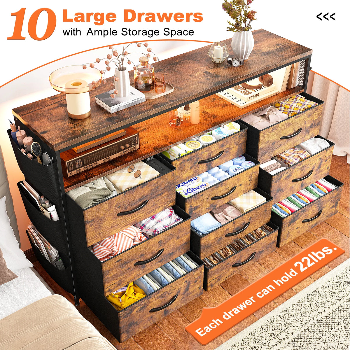 EnHomee Dressers for bedroom TV Stand with Power Outlets &LED Lights Wide Dresser with 10 Drawers&Side Pockets & Hook Fabric Chest of Drawers,Black