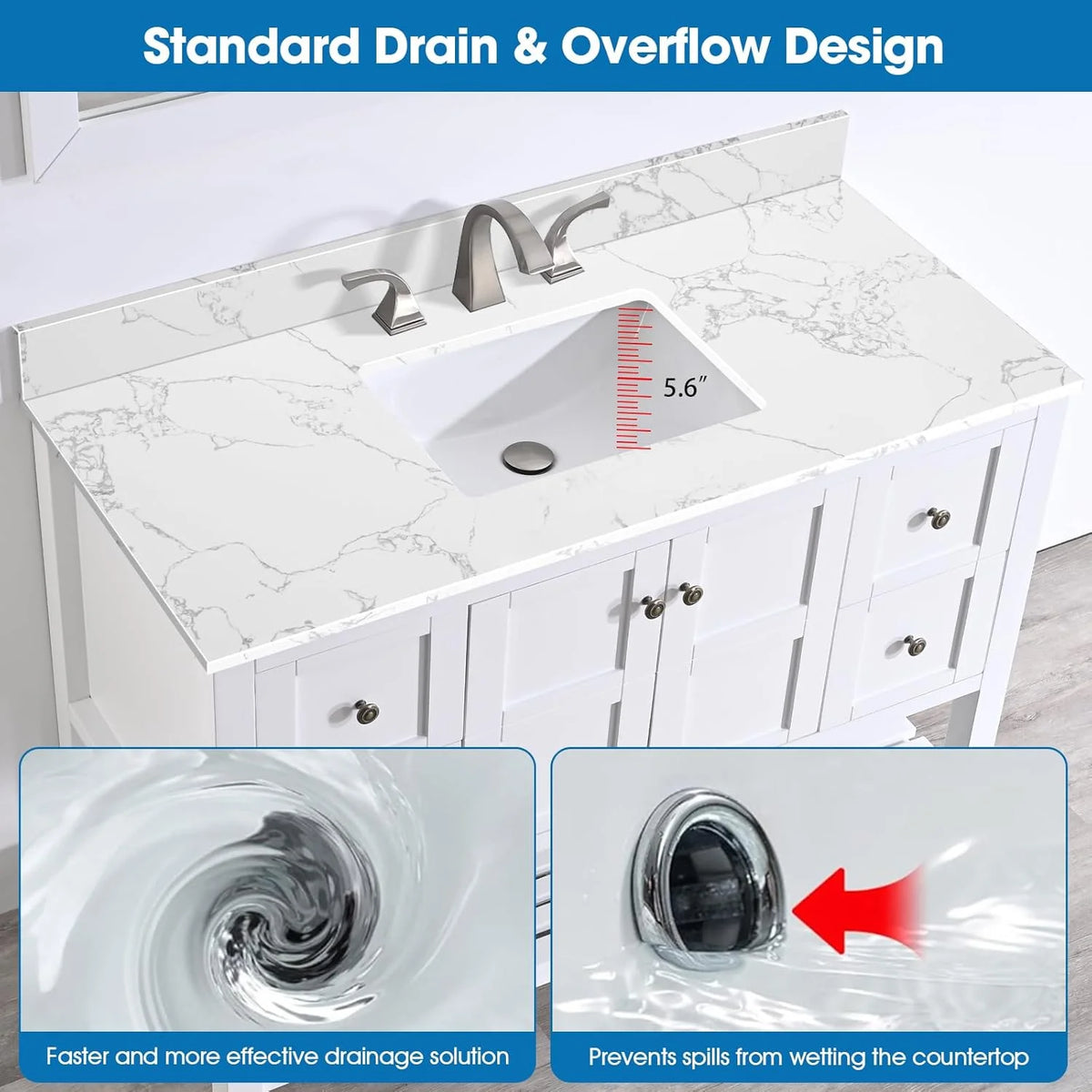 36x22 Engineered Stone Vanity Sink Top, White Bathroom Countertop with Undermount Left Sink, Vanity Top with 8 inch 3 Faucet Hole Spacing and Backsplash