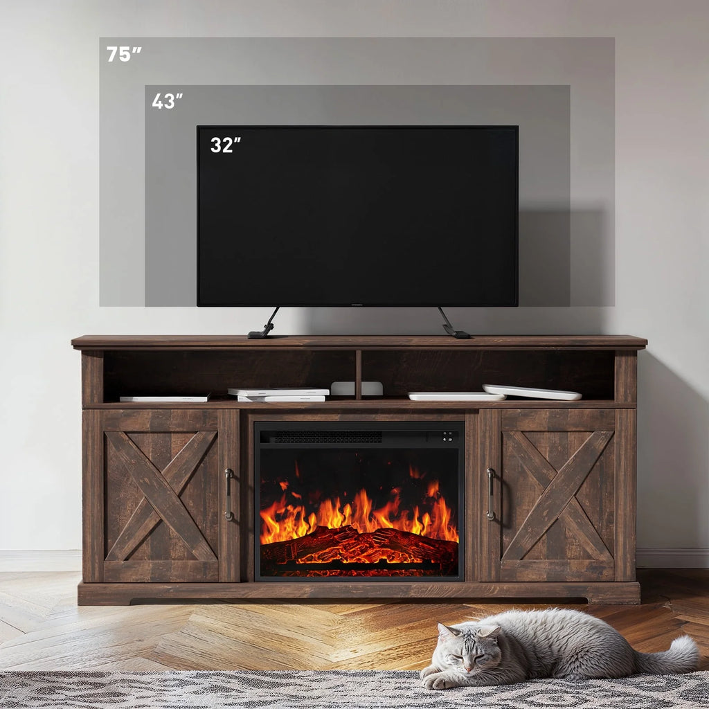 Electric Fireplace TV Stand for TVs up to 75", Farmhouse Entertainment Center with Fireplace, Grey