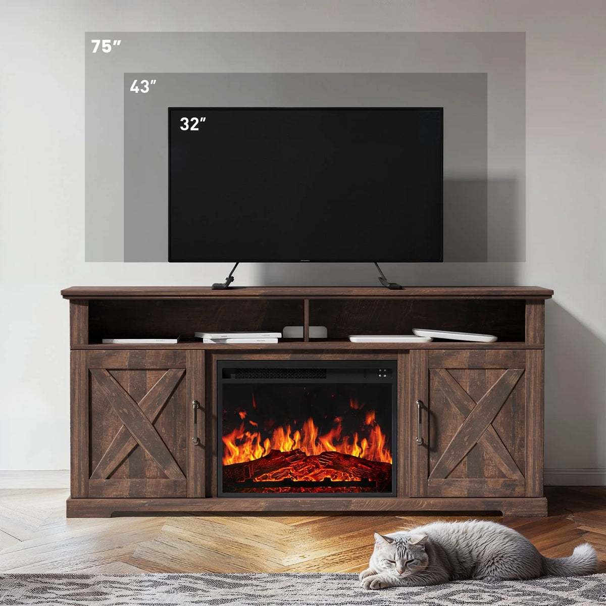 Electric Fireplace TV Stand for TVs up to 75", Farmhouse Entertainment Center with Fireplace, Grey