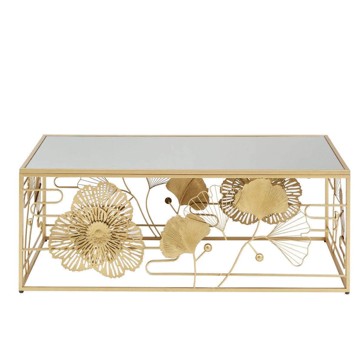 Weston Home Ditmas Glam Peony and Ginkgo Rectangular Coffee Table with Mirror Top, Gold