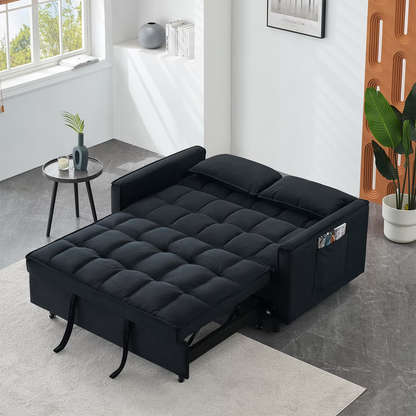 Adjustable Back Velvet Futon Sofa Bed, Modern Convertible Couples Sleeper with Side Pockets, Fold Down Couch for Living Room, Apartment,Blue
