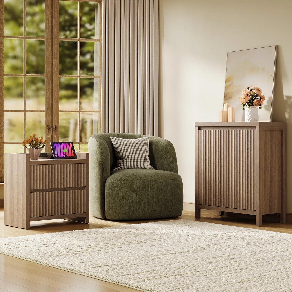 SICOTAS 25.4" Wide Nightstand Set of 2 with Charging Station, Modern Night Stand  with  2 Fluted Dresser & Handle-Less Storage Farmhouse Bed Side Table  for Bedroom, Natural Oak