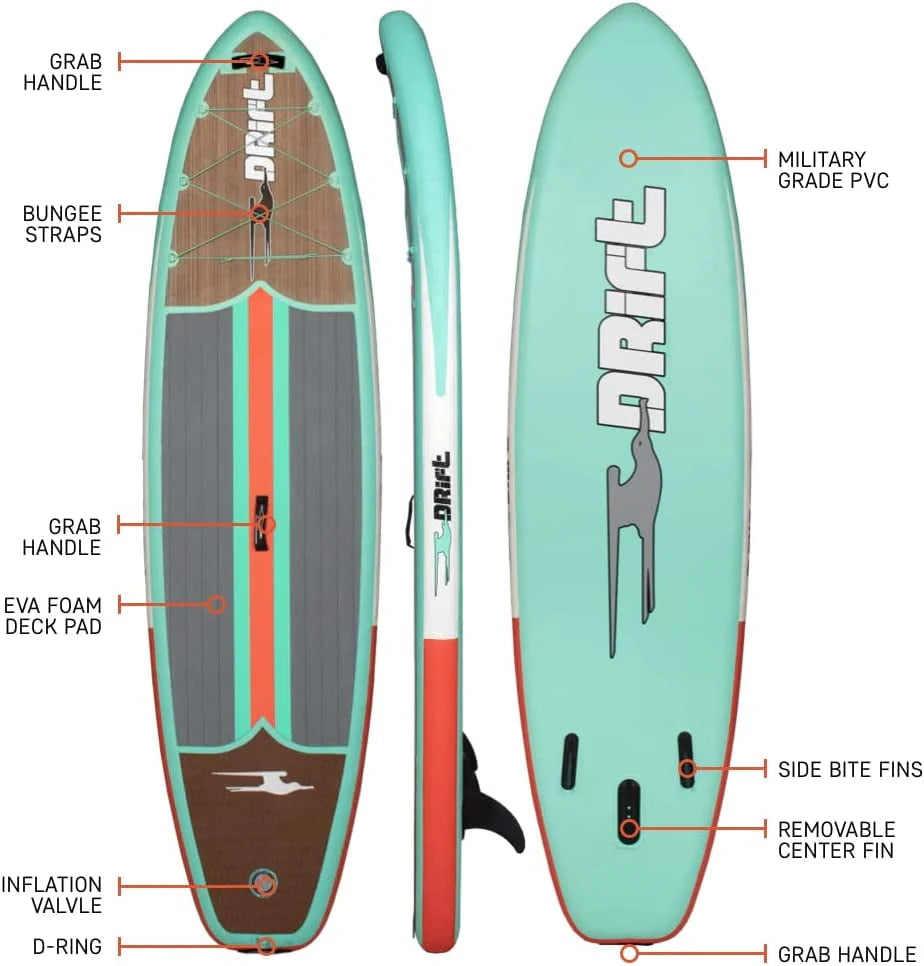Drift Aero Inflatable Stand Up Paddle Board - SUP Paddle Board & Accessories, Including Pump, Paddle, and More - Classic Woodgrain, Adult, 10'8"