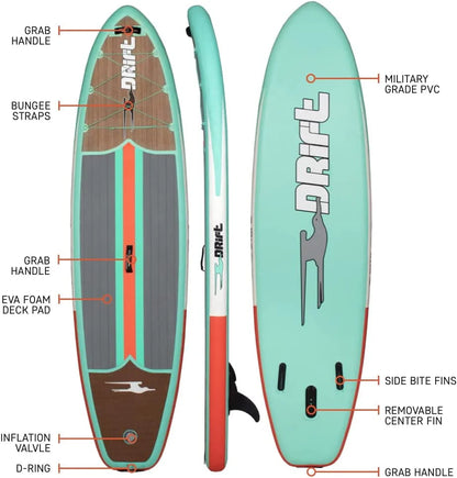 Drift Aero Inflatable Stand Up Paddle Board - SUP Paddle Board & Accessories, Including Pump, Paddle, and More - Classic Woodgrain, Adult, 10'8"