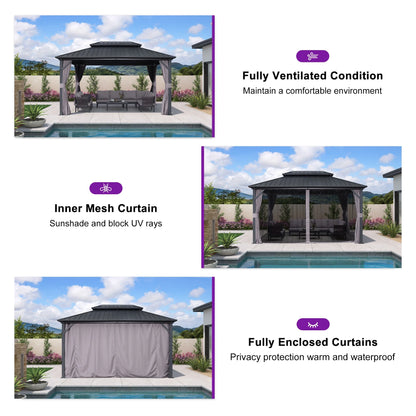 PURPLE LEAF 8' X 8' Gazebo Outdoor Gazebo Permanent Hardtop Gazebo with Galvanized Steel Double Roof for Patio Backyard Deck Aluminum Gazebo with Netting and Curtains Grey