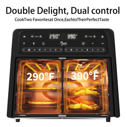 PwZzk 25.4QT Dual Zone Air Fryer Toaster Oven Combo, French Glass Door, XL Capacity, 100-430��F Temperature Range, 16 Preset Functions, LED Display, Dual Fan, 360�� Heat Circulation, Rotisserie, Bake,