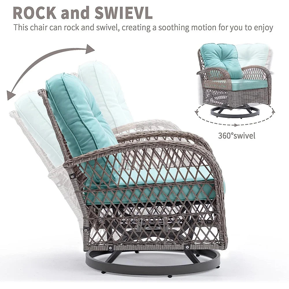 3 Piece Patio Swivel Rocker Chairs Set, 2 360-Degree Swivel Rocking Chairs with 1 Glass Top Table, PE Rattan Outdoor Bistro Set with Cushions for Balcony Deck Poolside Backyard Porch