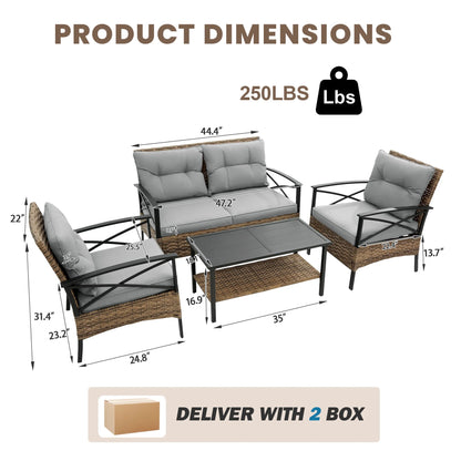 Heavy-duty Patio Furniture Set, 4 Piece Outdoor Sectional Conversation Sets, BrownPE Rattan Patio Sofa Set with Blue Cushions