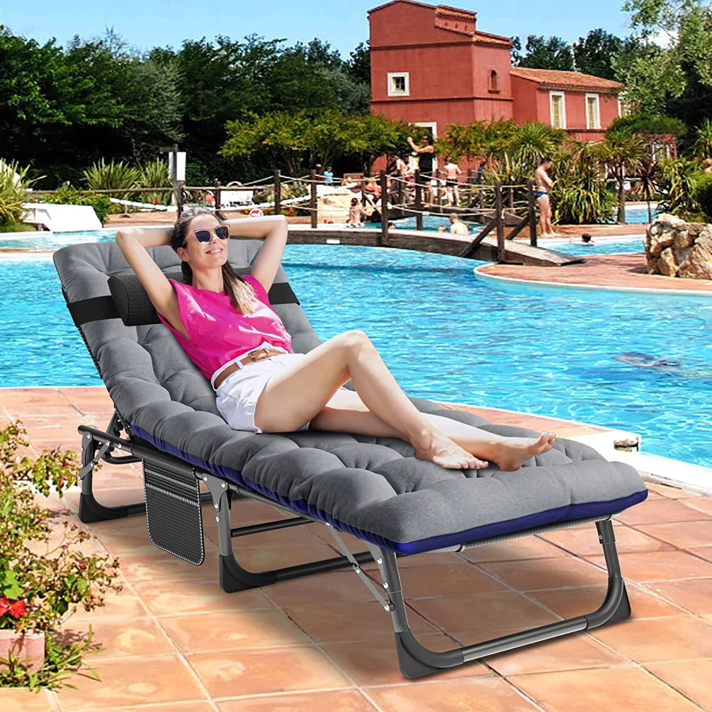 Slsy Folding Lounge Chair, 5-Position Adjustable Outdoor Reclining Chair, Folding Sleeping Bed Cot, Folding Chaise Lounge Chair for Pool Beach Patio Sunbathing