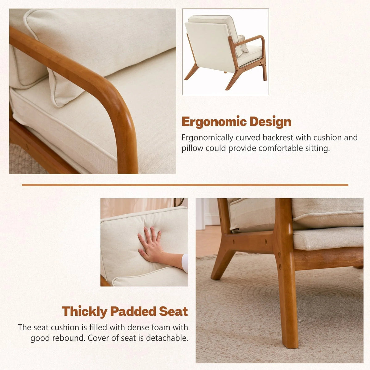 Accent Chairs, Single Linen Lounge Reading Armchair with Solid Wood Frame, Mid Century Modern Easy Assembly Arm Chairs for Living Room-Beige