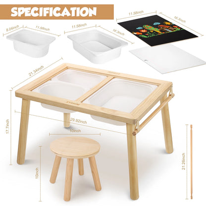 Sweet Time Toddler Sensory Table Chairs, Wood Kids Activity Table with Storage Play Study Furniture