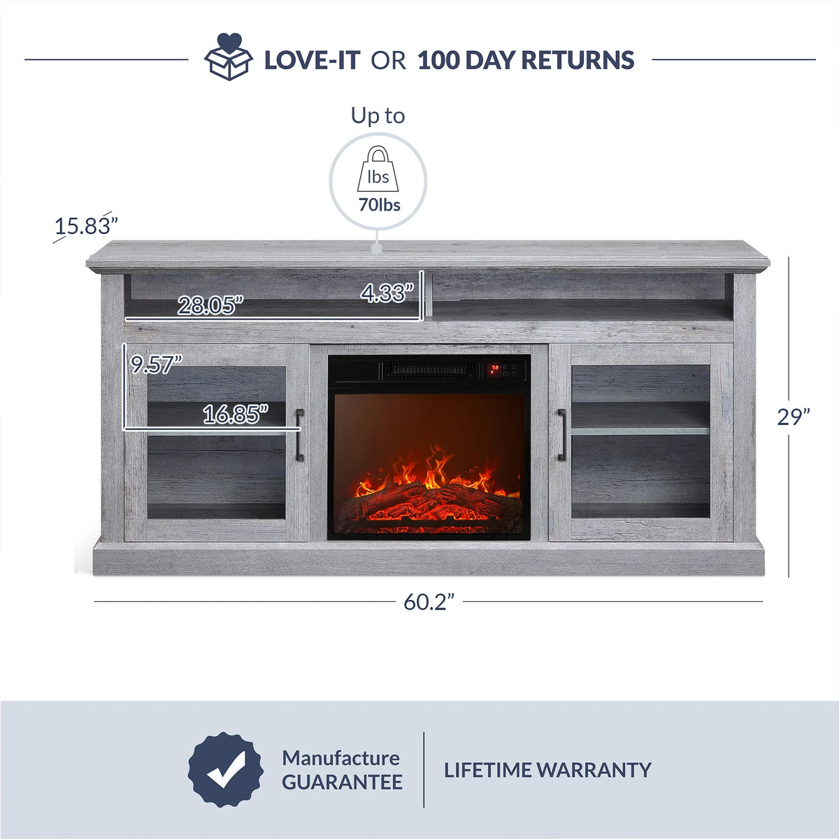 BELLEZE 60" TV Stand with 18" Electric Fireplace, Traditional TV Stand for TVs up to 65", Modern Media Entertainment Center Console Table with Open Storage Shelves & Cabinets - Cayman (Rustic Grey)
