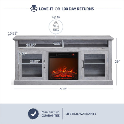BELLEZE 60" TV Stand with 18" Electric Fireplace, Traditional TV Stand for TVs up to 65", Modern Media Entertainment Center Console Table with Open Storage Shelves & Cabinets - Cayman (Rustic Grey)