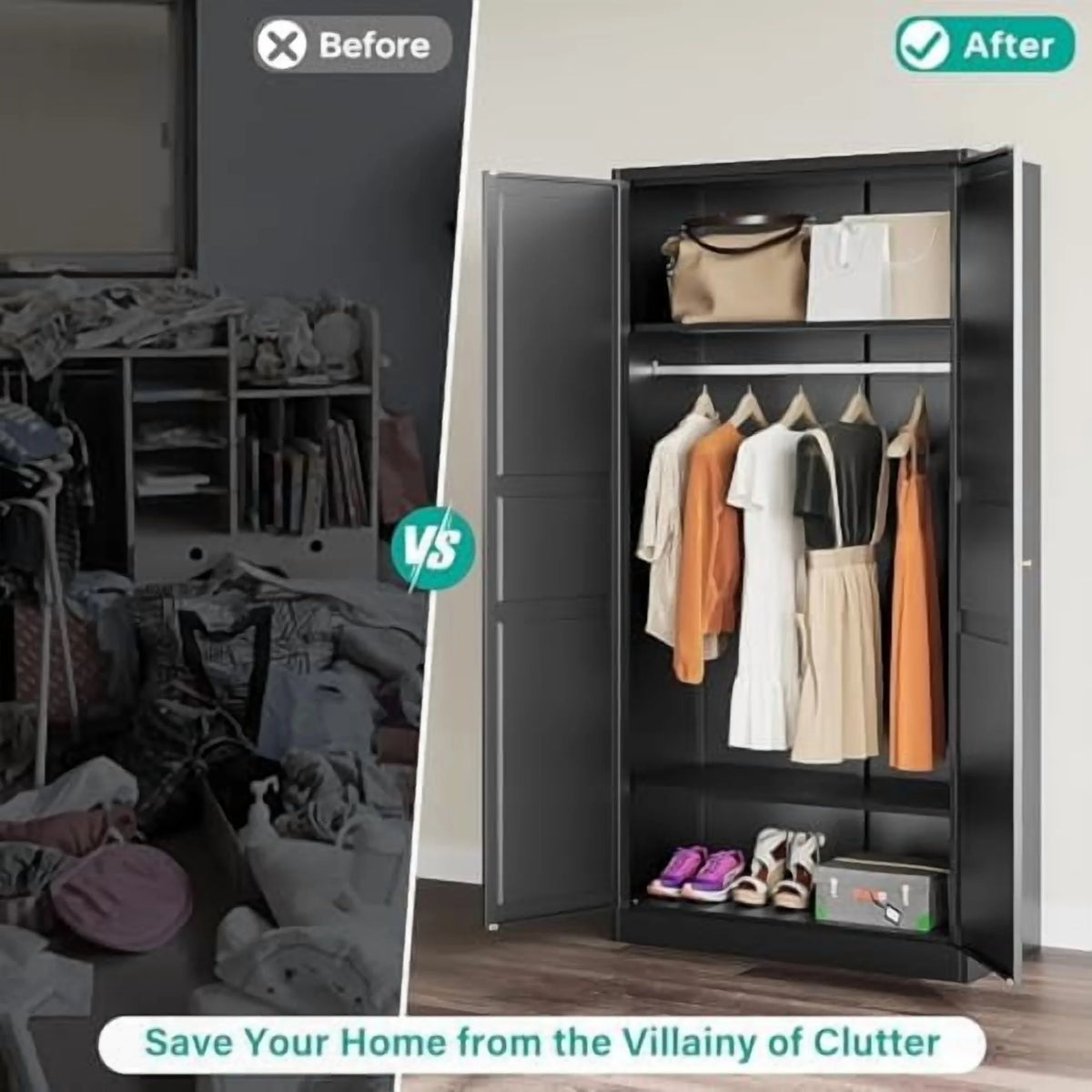 Metal Wardrobe Cabinet with Hanging Rod,Black Armoire Wardrobe Closet,Metal Clothing Storage Cabinet with Adjustable Shelves and Doors,72" Cloth Storage Cabinets for Home,Living/Laundry Room