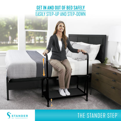 Stander Step Stool, Bed Step with Adjustable Hand Rails for Seniors and Elderly Adults, Extra Wide Heavy Duty Step Ladder, Stepping Stool with Grab Bars and Motion Activated Light, White