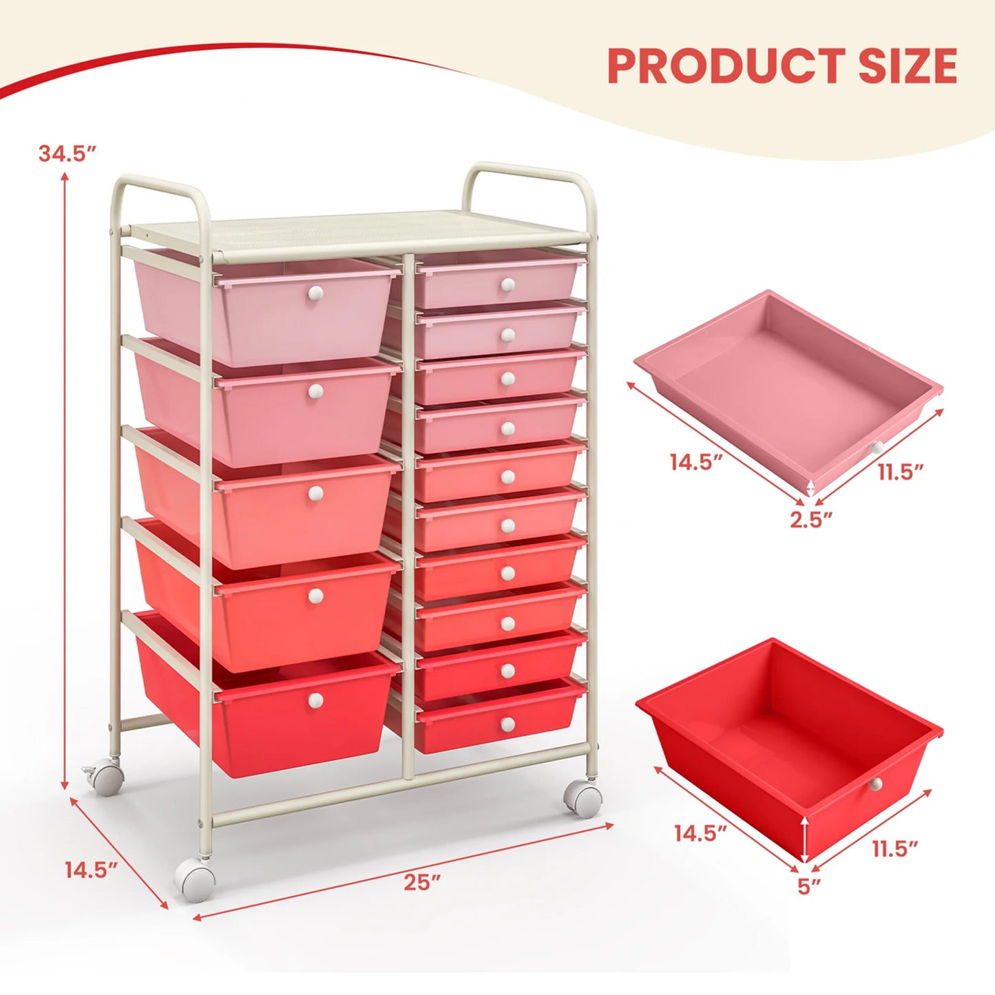 Costway 15 Drawer Rolling Storage Cart Tools Scrapbook Paper Office School Organizer White