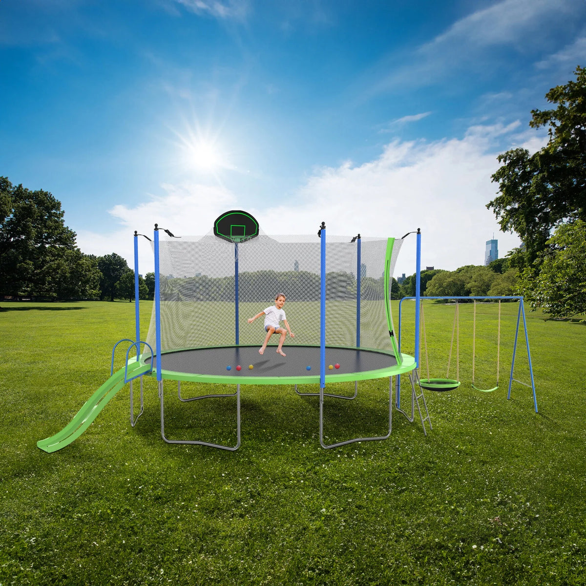 12FT Trampoline with Slide and Swings, Large Outdoor Backyard Trampoline with Basketball Hoop and Ladder for Kids and Adults