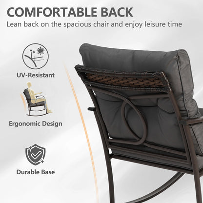 Outdoor Conversation Set of 3, Outdoor Patio Rocking Chair Set with Cushions & Coffee Table, All Weather Wicker Patio Furniture Set, Ideal for Patio, Poolside, Yard, Deck, Coffee Bar
