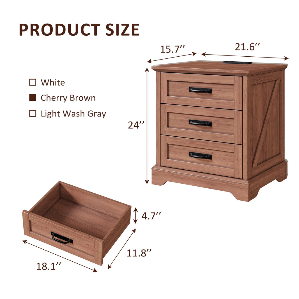 Farmhouse Nightstand Set of 2, 22 inch Side Table with Charging Station for Bedroom, 2PCS, White