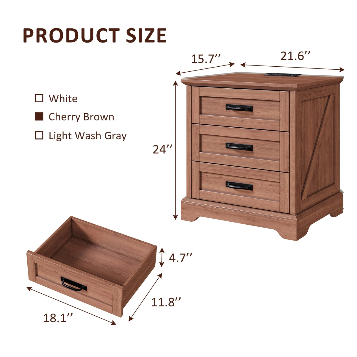 Farmhouse Nightstand Set of 2, 22 inch Side Table with Charging Station for Bedroom, 2PCS, White