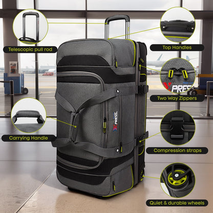 Rolling Duffle Bag with Drop Bottom,Large Wheeled Duffle Bag Luggage,Trolly Travel Bag with Roller 30 Inch,TBL074-Grey/Red