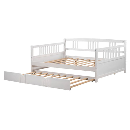 Daybed with Trundle Included, Full Size Daybed Bed Frame with Headboard and Footboard, Living Room Sofa Bed with Pull Out Bed, Wood Single Bed for Kids Boys Girls, No Box Spring Needed, White, J948