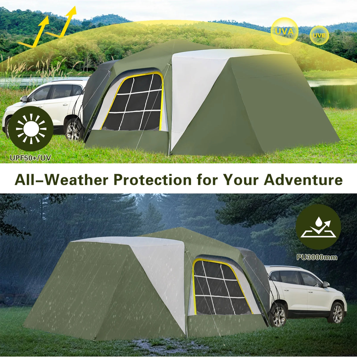 MOPHOTO SUV Tents for Camping 4 People, PU 3000mm Waterproof SUV Tent Attachment Tailgate Tent for Car Jeep Van, Spacious Space 8.2'L x 8.2'W x 7.2'H with 2 Awnings & Double Door