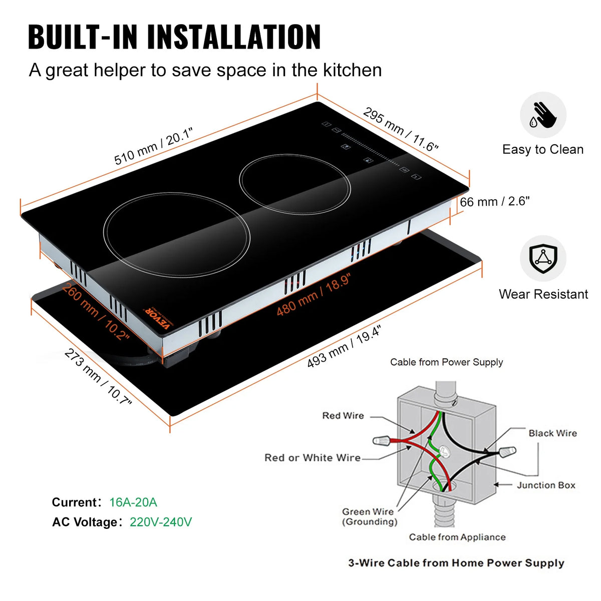 KFFKFF Sleek Electric Stove Top, 24" 4 Burners 240V 6000W Electric Cooktop Ceramic Top with Touch Control, Timer & Child Lock, 9 Heat Levels for Diverse Cooking Requirements(NO Plug)