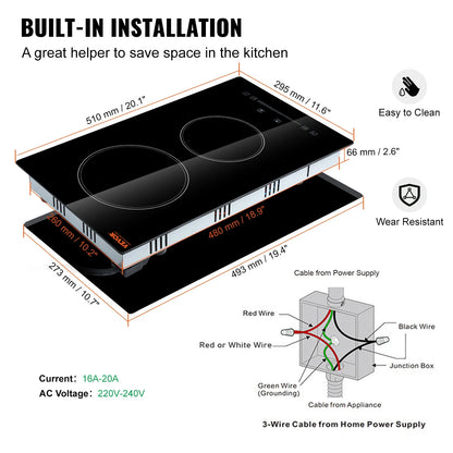KFFKFF Sleek Electric Stove Top, 24" 4 Burners 240V 6000W Electric Cooktop Ceramic Top with Touch Control, Timer & Child Lock, 9 Heat Levels for Diverse Cooking Requirements(NO Plug)